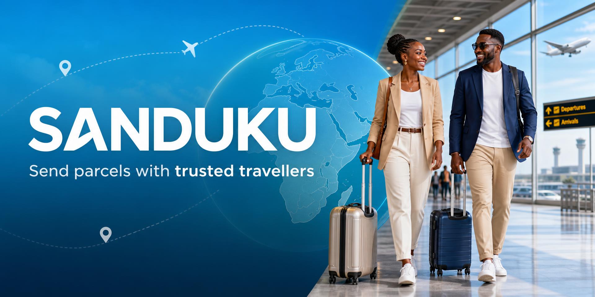 Sanduku — a smiling woman and man pulling their suitcases through an airport, with flight routes arcing over a globe centred on Africa