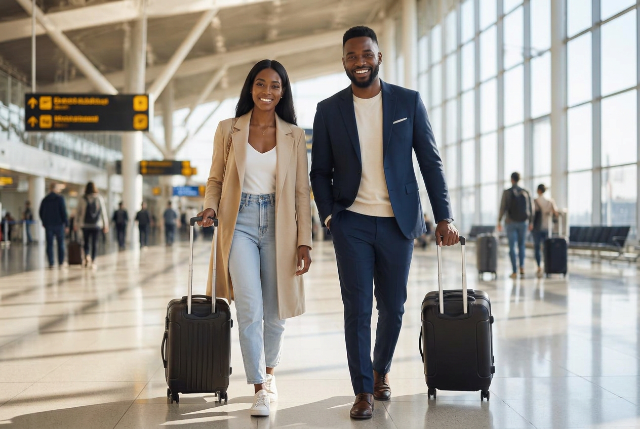 Two travellers with suitcases
